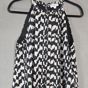 Evereve Womens Medium Camisole Tank Top Shirt Highneck Ruffle Geometric Black